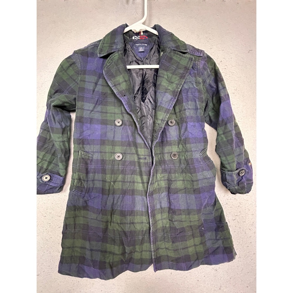 Tommy Hilfiger Trench Coat Cotton Plaid Green Blue Size Small 6-7 Girls